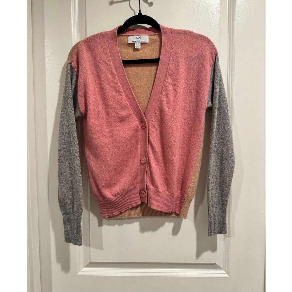 Magaschoni Cashmere Colorblock Cardigan Pink Camel Gray Button Sweater XS